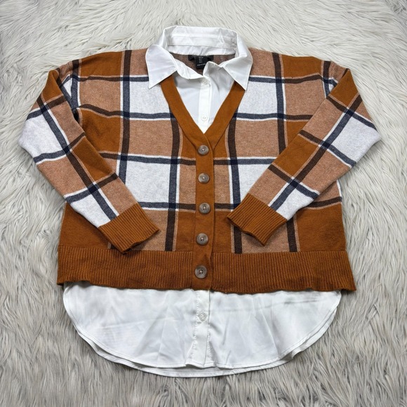 Rachel Zoe Women's S Brown Plaid Layered Look Sweater Preppy Academia - Picture 1 of 5